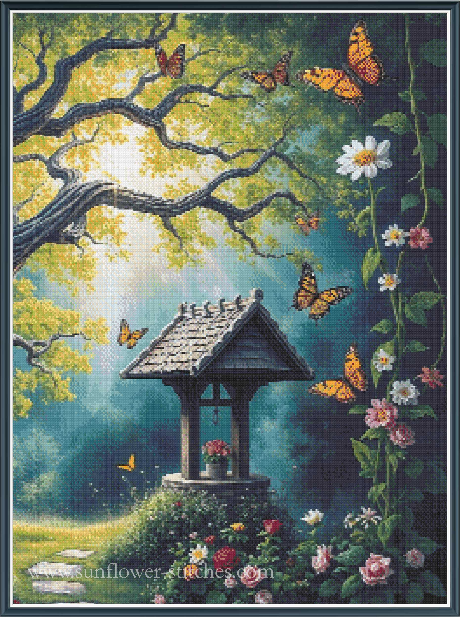 A full coverage cross stitch featuring a whimsical garden scene with a small wooden wishing well, vibrant orange butterflies, white and pink flowers, and a large tree with sunbeams filtering through the leaves.