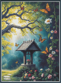 A full coverage cross stitch featuring a whimsical garden scene with a small wooden wishing well, vibrant orange butterflies, white and pink flowers, and a large tree with sunbeams filtering through the leaves.