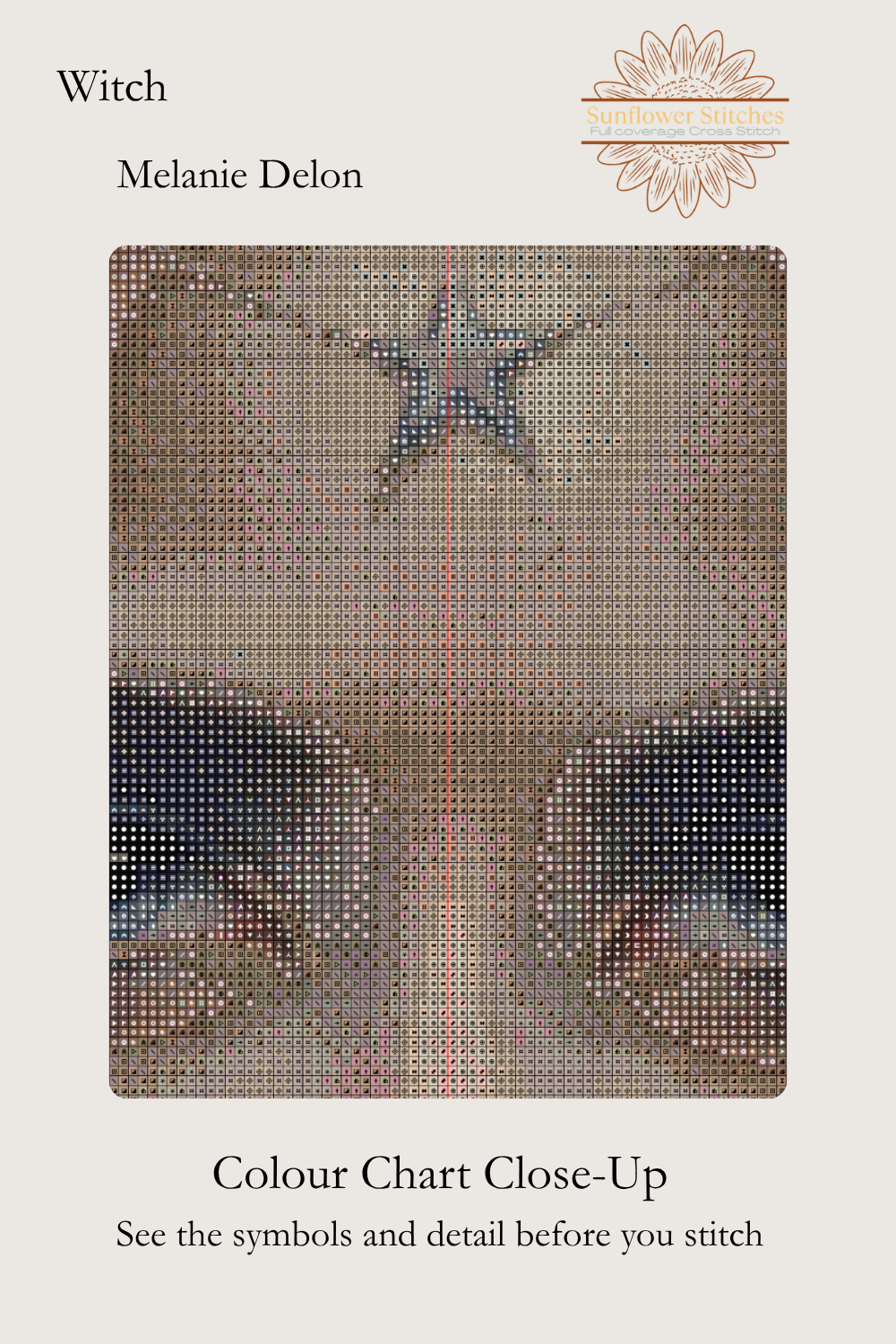 Witch cross stitch colour chart symbol preview showing counted stitched grid detail of the star-shaped forehead jewellery, Sunflower Stitches.
