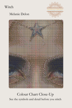 Witch cross stitch colour chart symbol preview showing counted stitched grid detail of the star-shaped forehead jewellery, Sunflower Stitches.