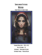 Witch cross stitch pattern cover sheet preview showing design specifications and finished size details, Sunflower Stitches.