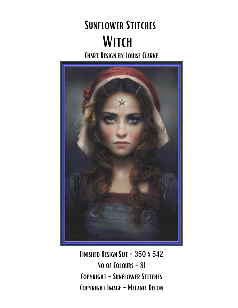 Witch cross stitch pattern cover sheet preview showing design specifications and finished size details, Sunflower Stitches.
