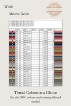 Witch cross stitch pattern thread chart, showing DMC colours, symbols and estimated skein quantities, Sunflower Stitches