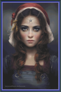 Witch cross stitch pattern mockup featuring a dark-haired woman in a red hood and star-shaped forehead jewellery, artwork by Melanie Delon.