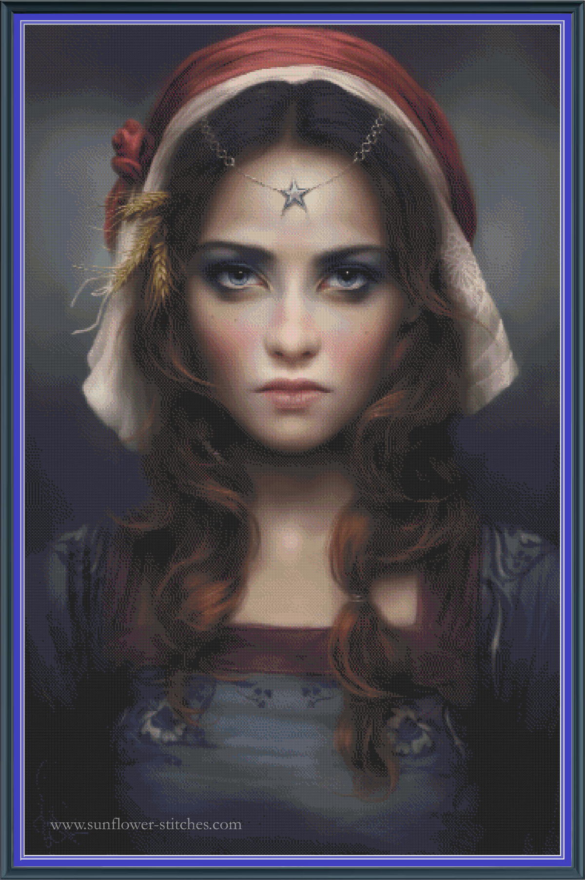 Witch cross stitch pattern mockup featuring a dark-haired woman in a red hood and star-shaped forehead jewellery, artwork by Melanie Delon.