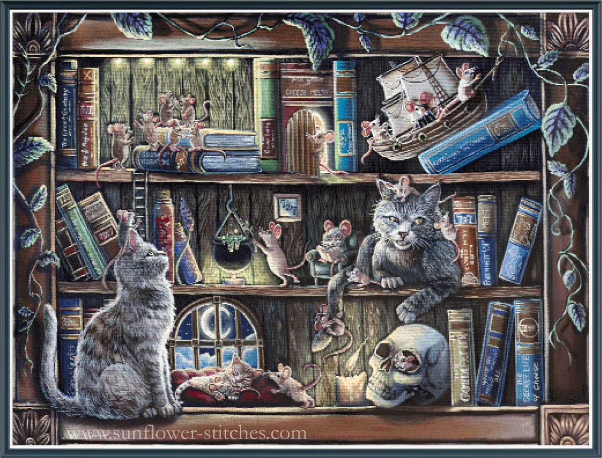 A detailed cross stitch design featuring a whimsical bookshelf scene with a gray cat, mice, books, a skull, and a small ship, surrounded by decorative vines. 